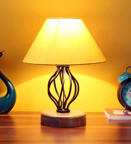 Table Lamp with Yellow Cotton Shade and Wood-Iron Base - Decor Mantra 