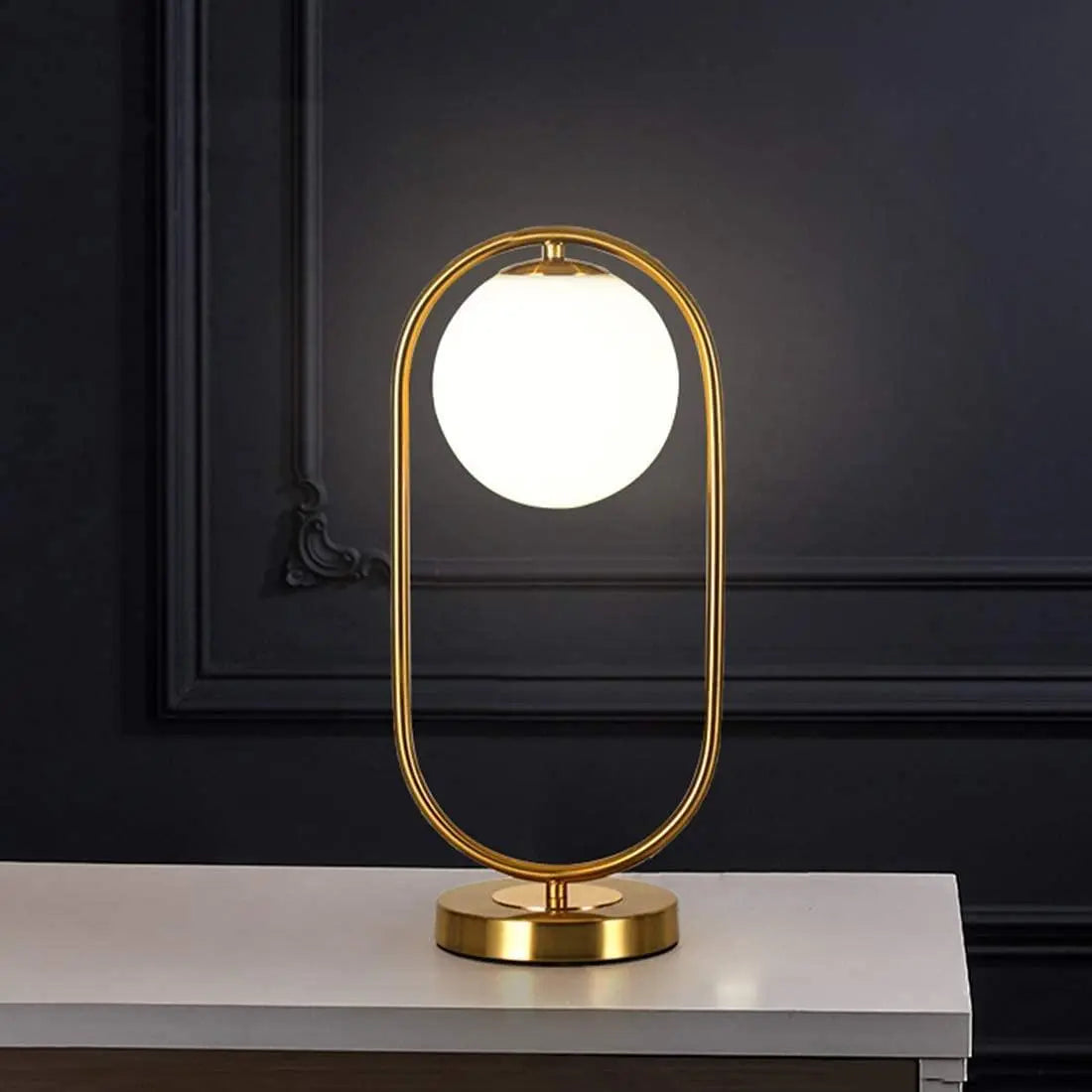 Golden Table Lamp with Milky Globe and Capsule Shape - Decor Mantra 