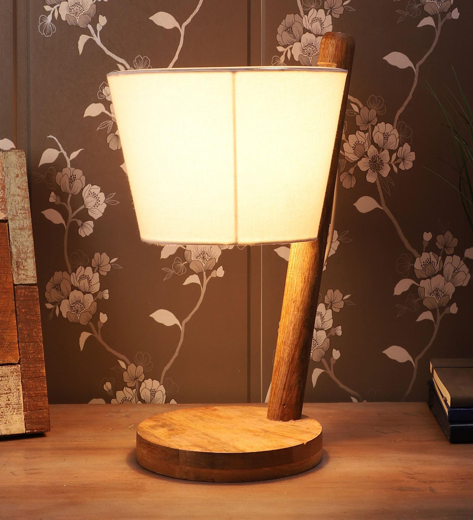 Stylish White Fabric Shade Table Lamp with Natural Base - Decor Mantra 