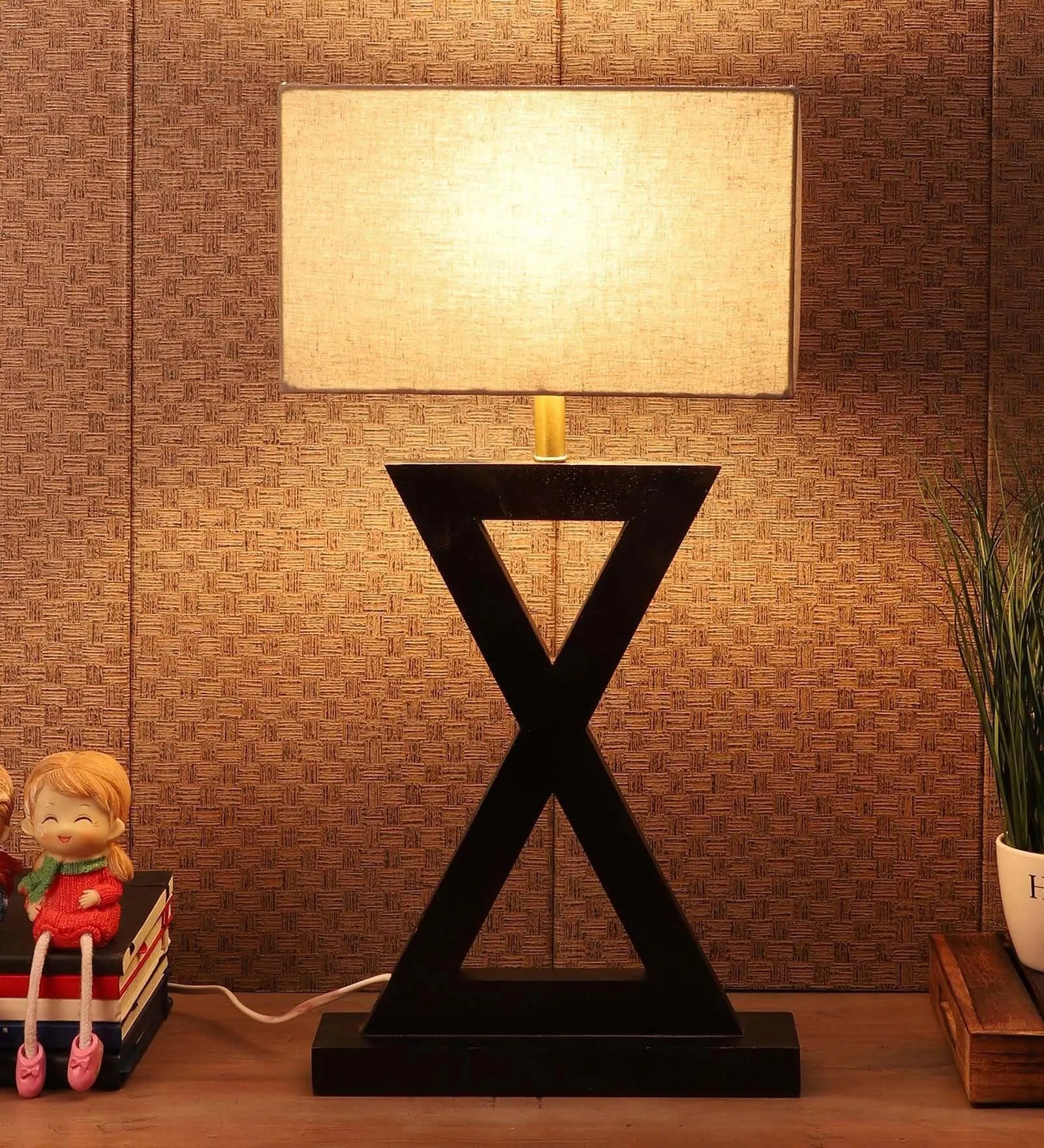 Grey Fabric Shade Table Lamp with Natural Wood Base - Decor Mantra 