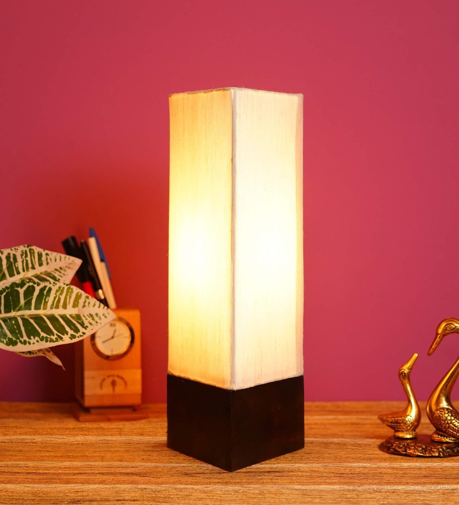 Wooden Base Table Lamp with Sloping Beige Fabric Shade - Decor Mantra 