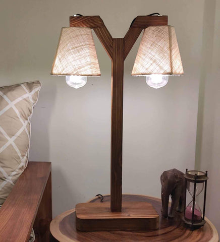 Table Lamp with Jute Shade and Wooden Brown Base - Decor Mantra 