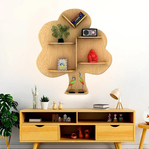 Tree Backlit Designer Wooden Wall Shelf / Book Shelf / Night Light, Light Oak Finish - Decor Mantra