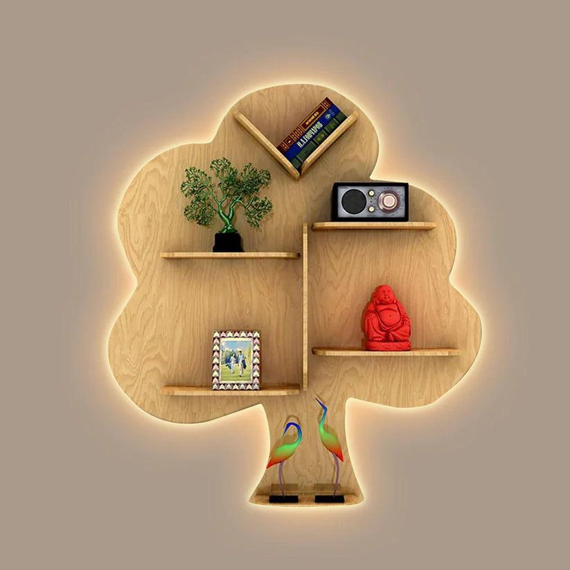 Tree Backlit Designer Wooden Wall Shelf / Book Shelf / Night Light, Light Oak Finish - Decor Mantra 