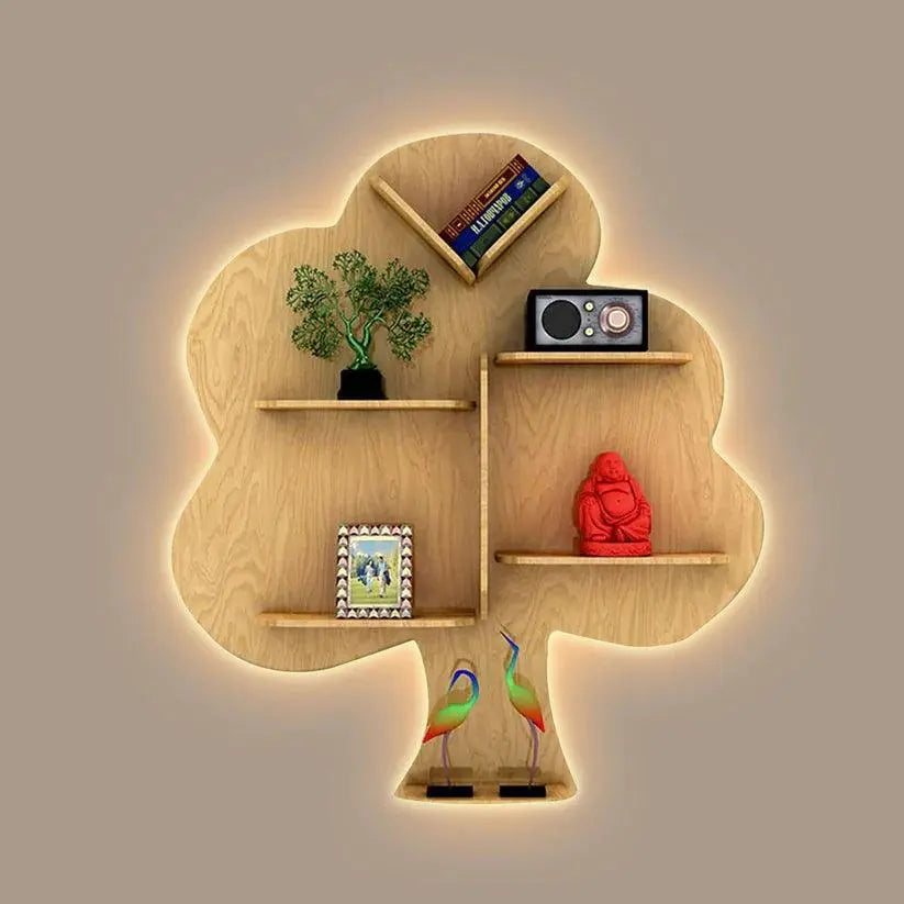 Tree Backlit Designer Wooden Wall Shelf / Book Shelf / Night Light, Light Oak Finish - Decor Mantra 
