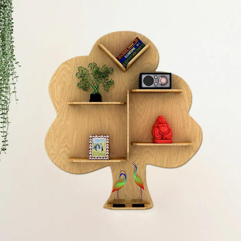 Tree Backlit Designer Wooden Wall Shelf / Book Shelf / Night Light, Light Oak Finish - Decor Mantra 
