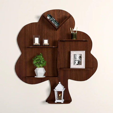 Tree Backlit Designer Wooden Wall Shelf / Book Shelf / Night Light, Walnut Finish - Decor Mantra 