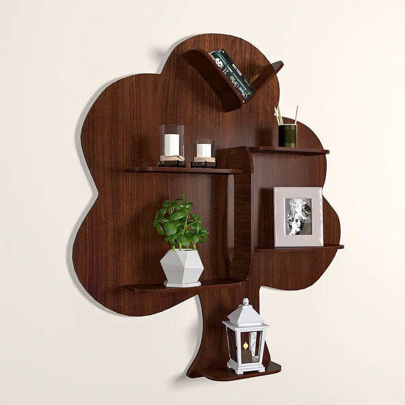 Tree Backlit Designer Wooden Wall Shelf / Book Shelf / Night Light, Walnut Finish - Decor Mantra 