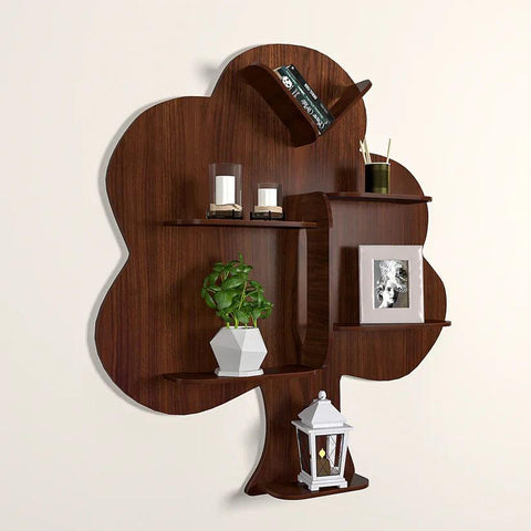 Tree Backlit Designer Wooden Wall Shelf / Book Shelf / Night Light, Walnut Finish - Decor Mantra 
