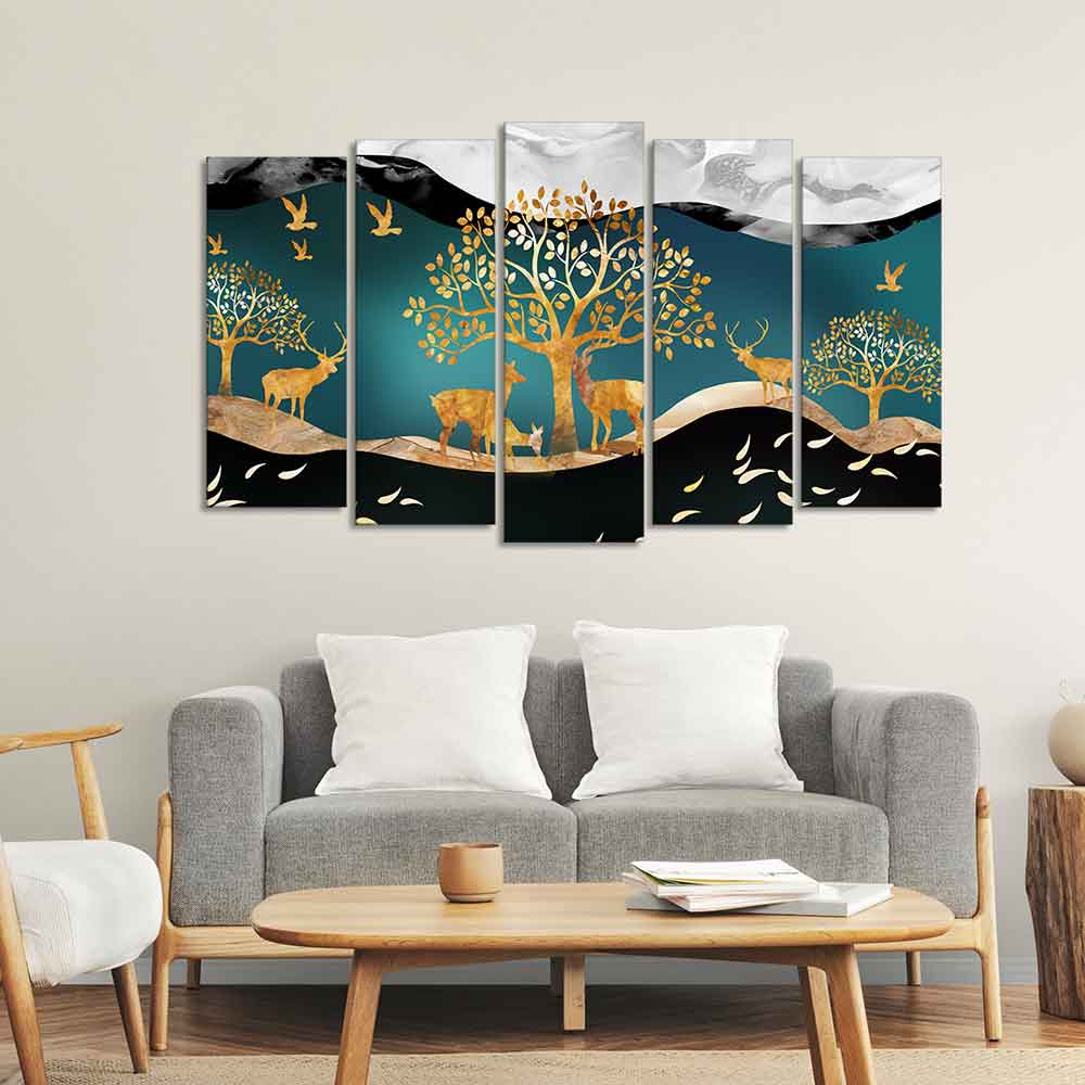 Trees and Deer Canvas Wall Painting Set of Five Pieces DECORMANTRA