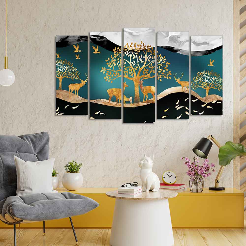 Trees and Deer Canvas Wall Painting Set of Five Pieces DECORMANTRA