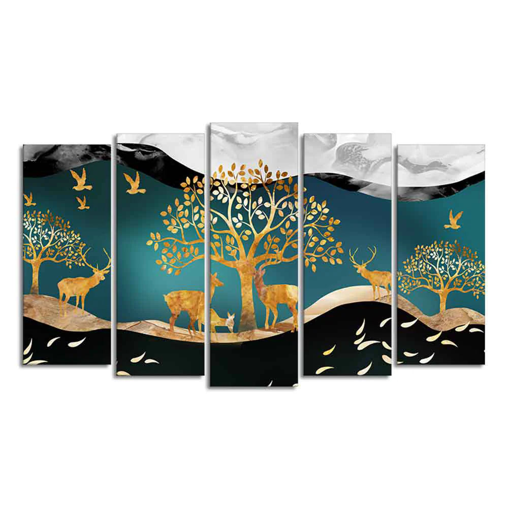 Trees and Deer Canvas Wall Painting Set of Five Pieces DECORMANTRA