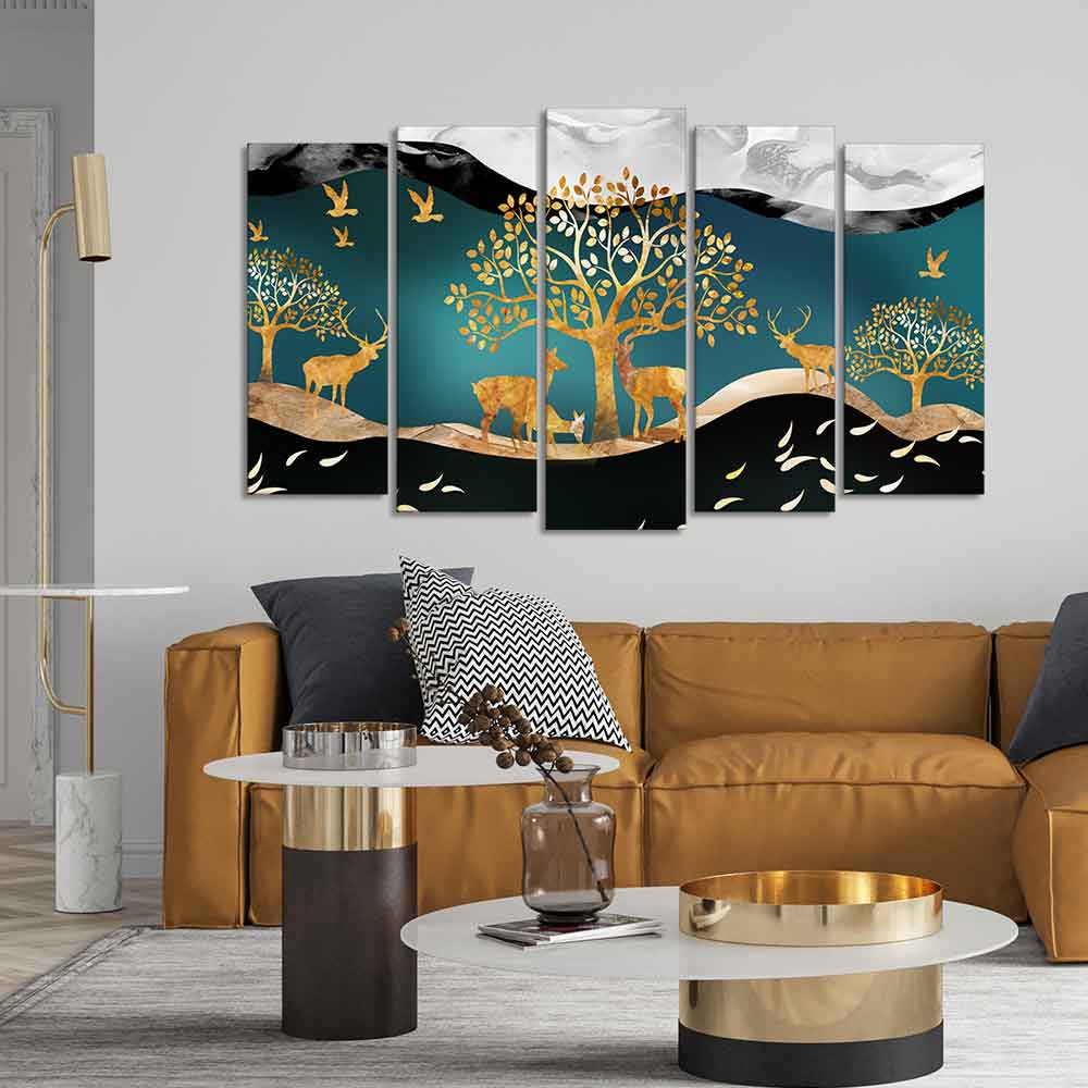 Trees and Deer Canvas Wall Painting Set of Five Pieces DECORMANTRA