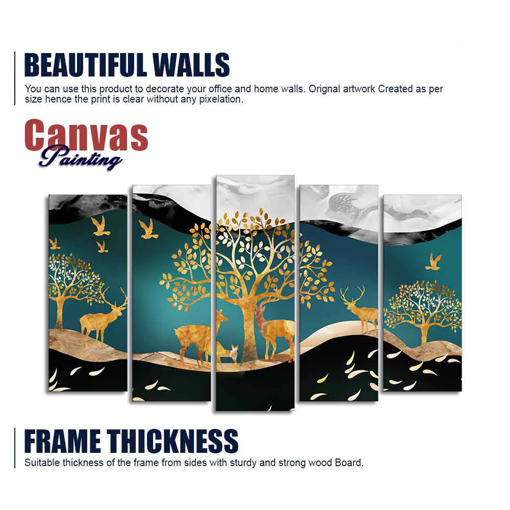 Trees and Deer Canvas Wall Painting Set of Five Pieces DECORMANTRA