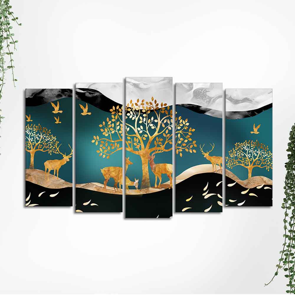 Trees and Deer Canvas Wall Painting Set of Five Pieces DECORMANTRA
