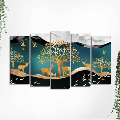 Trees and Deer Canvas Wall Painting Set of Five Pieces