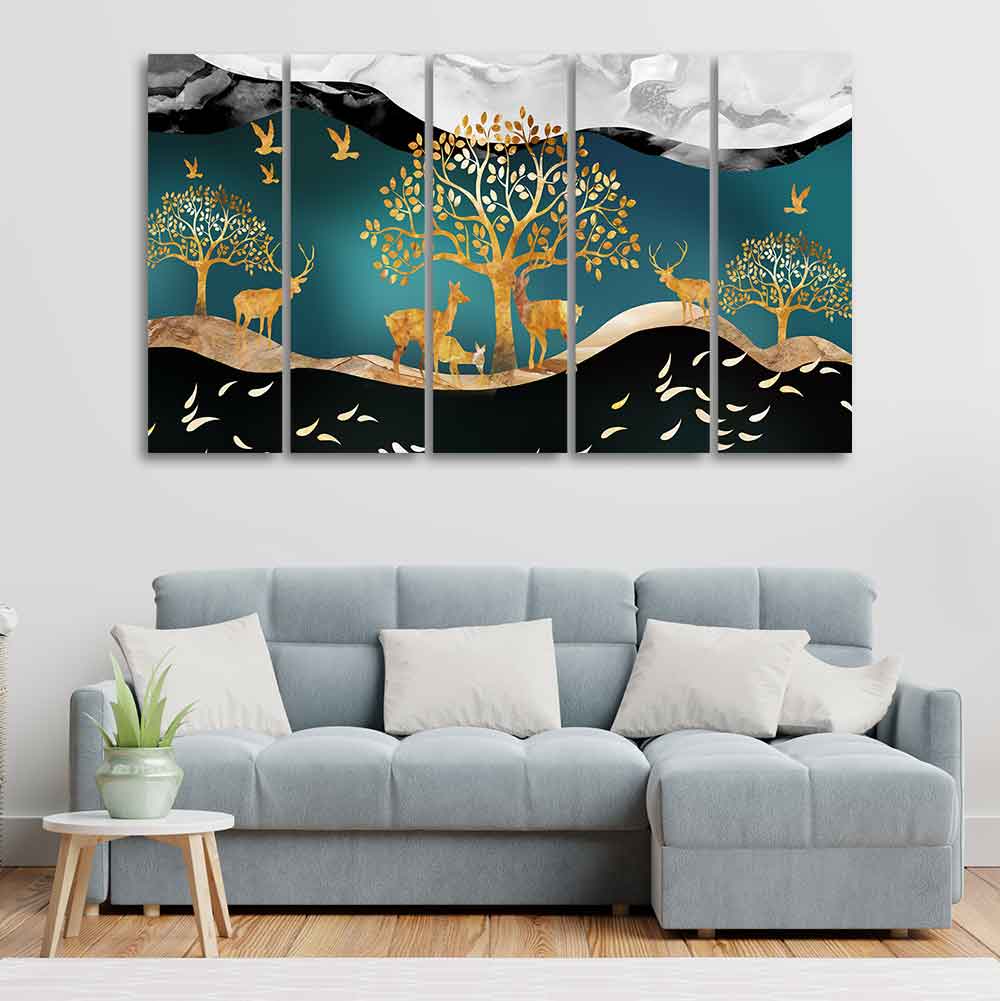 Trees and Deer Canvas Wall Painting Set of Five DECORMANTRA