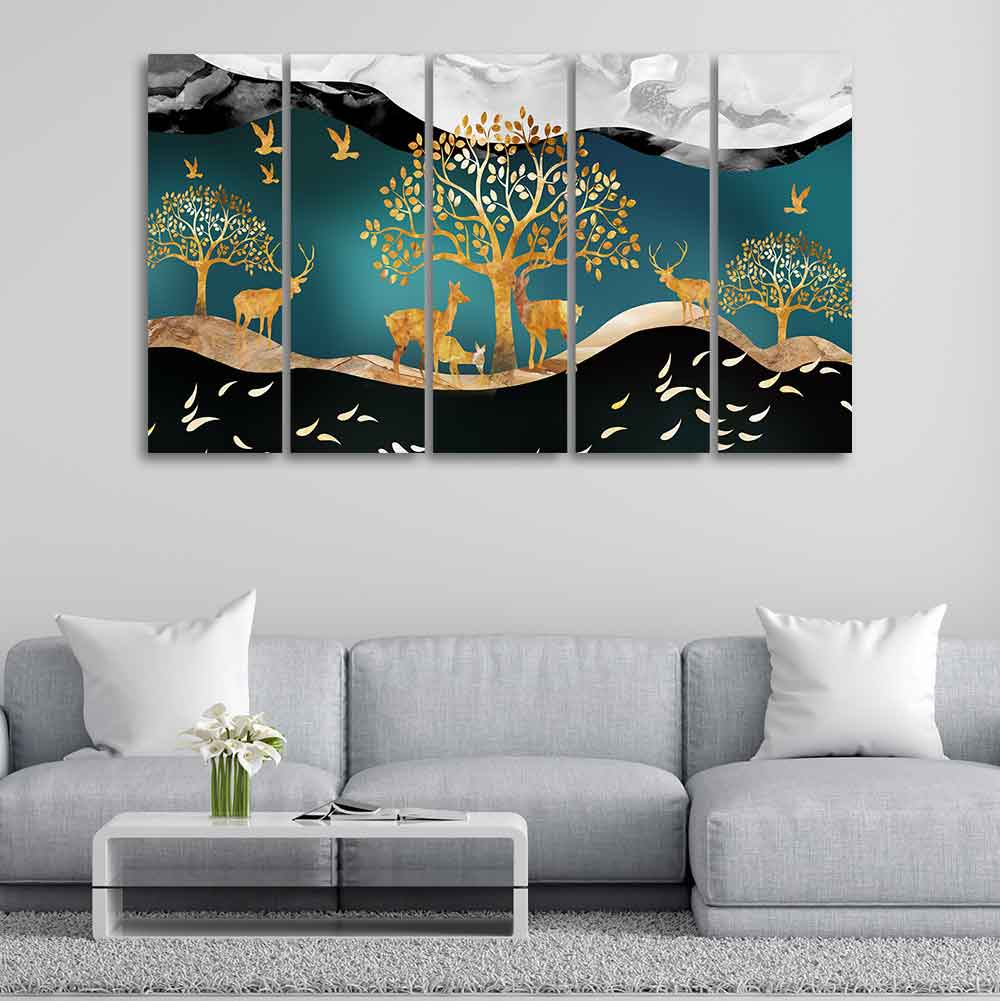 Trees and Deer Canvas Wall Painting Set of Five DECORMANTRA