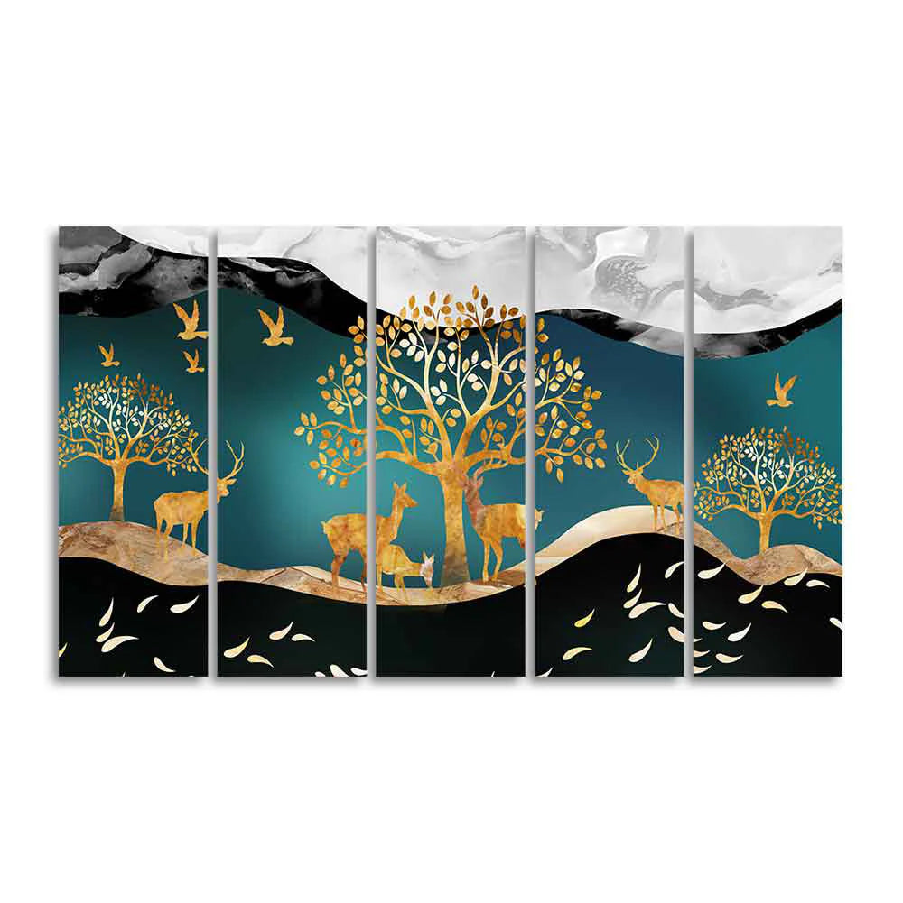 Trees and Deer Canvas Wall Painting Set of Five DECORMANTRA