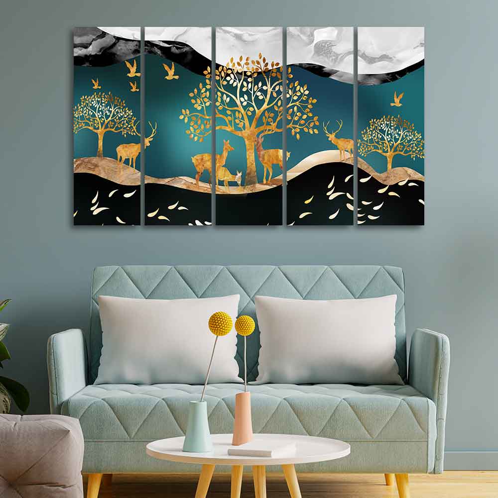 Trees and Deer Canvas Wall Painting Set of Five DECORMANTRA