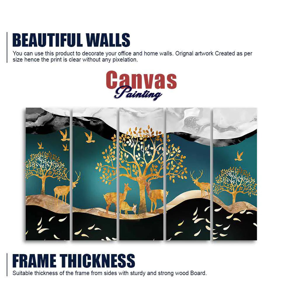 Trees and Deer Canvas Wall Painting Set of Five DECORMANTRA