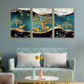 Trees and Deer Floating Canvas Wall Painting Set of Three DECORMANTRA