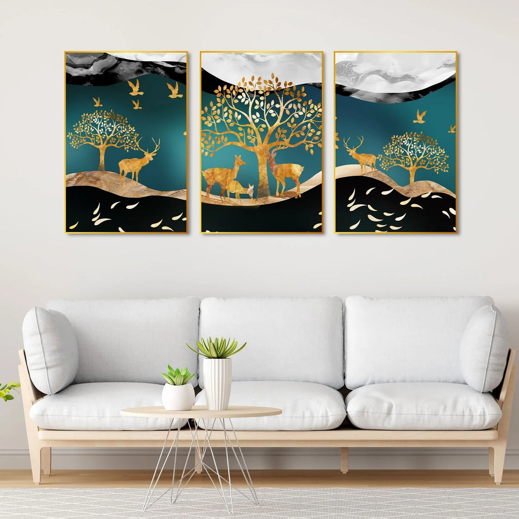 Trees and Deer Floating Canvas Wall Painting Set of Three DECORMANTRA