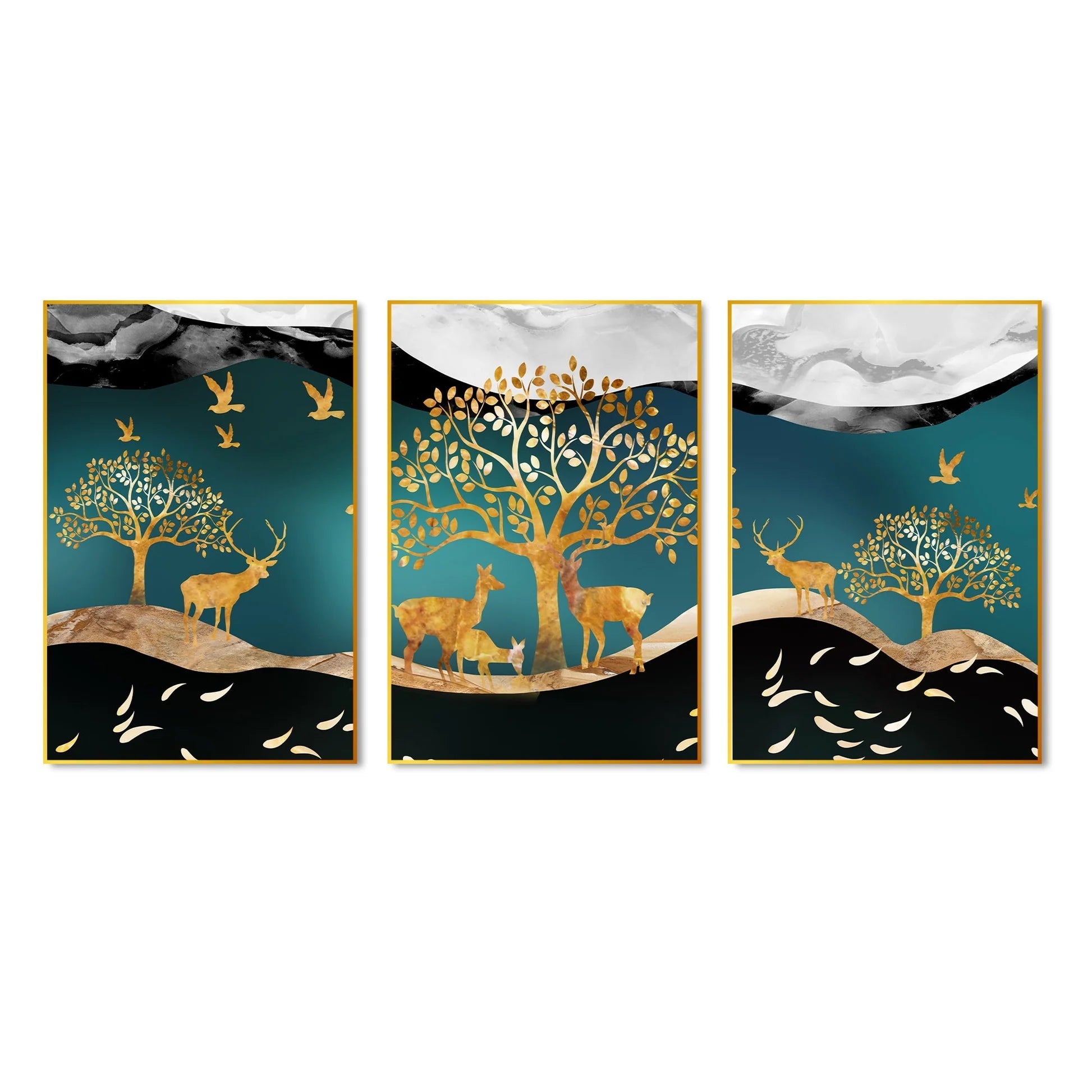 Trees and Deer Floating Canvas Wall Painting Set of Three DECORMANTRA