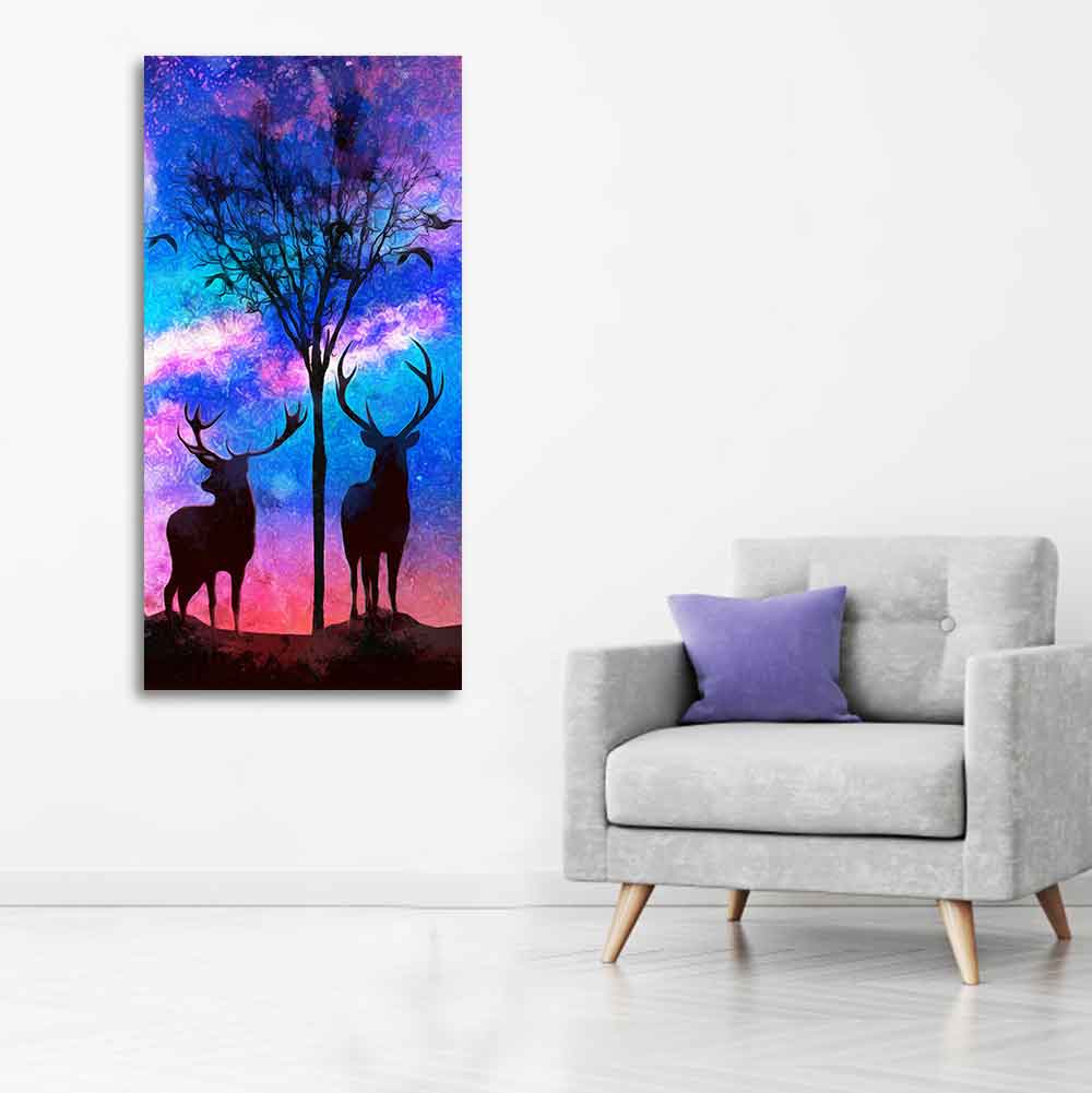 Two Deer in Forest at Night Premium Canvas Wall Painting DECORMANTRA