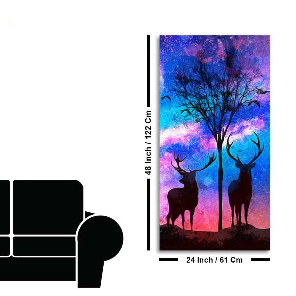 Two Deer in Forest at Night Premium Canvas Wall Painting DECORMANTRA