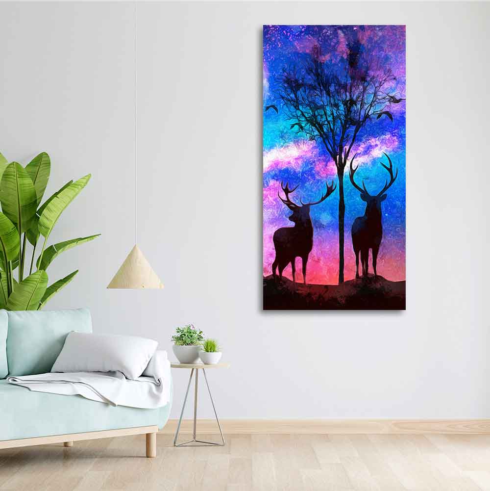 Two Deer in Forest at Night Premium Canvas Wall Painting DECORMANTRA