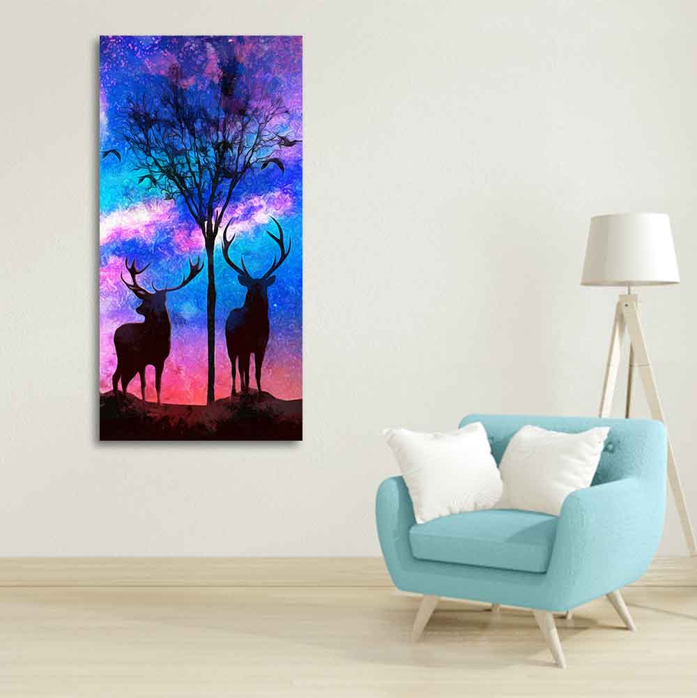 Two Deer in Forest at Night Premium Canvas Wall Painting DECORMANTRA