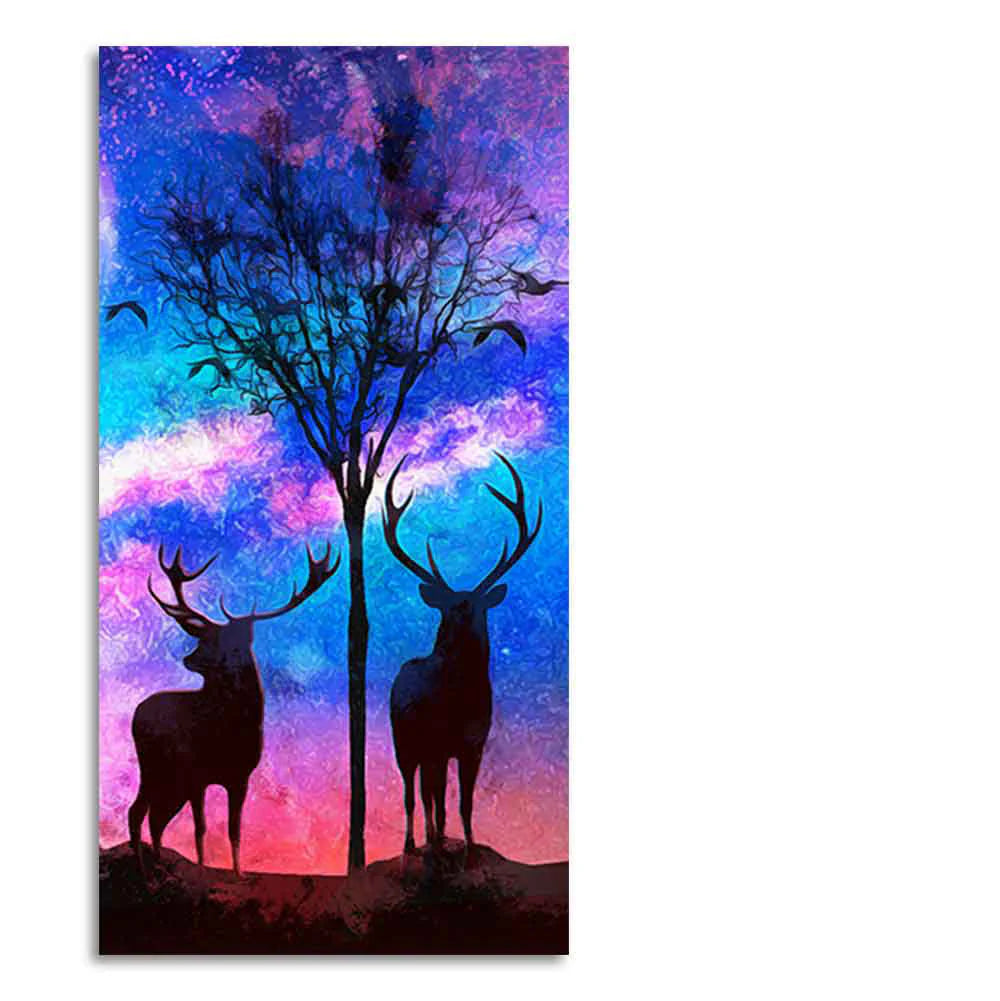 Two Deer in Forest at Night Premium Canvas Wall Painting DECORMANTRA
