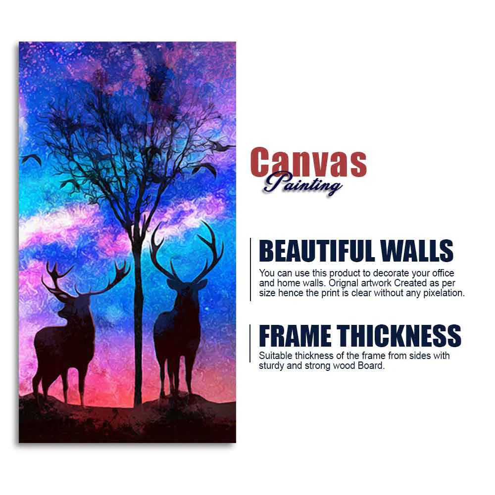 Two Deer in Forest at Night Premium Canvas Wall Painting DECORMANTRA