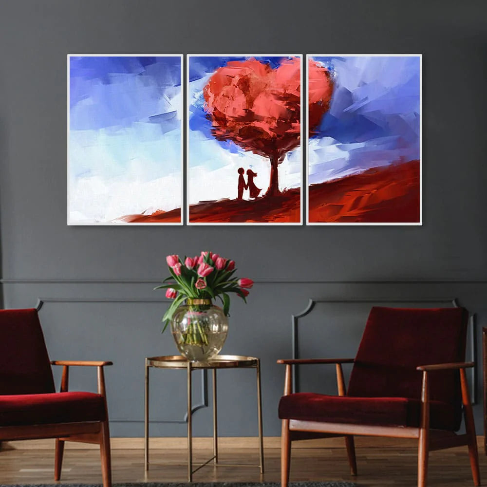 Two Love Couple Under Love Tree Floating Canvas Wall Painting Set of Three DECORMANTRA