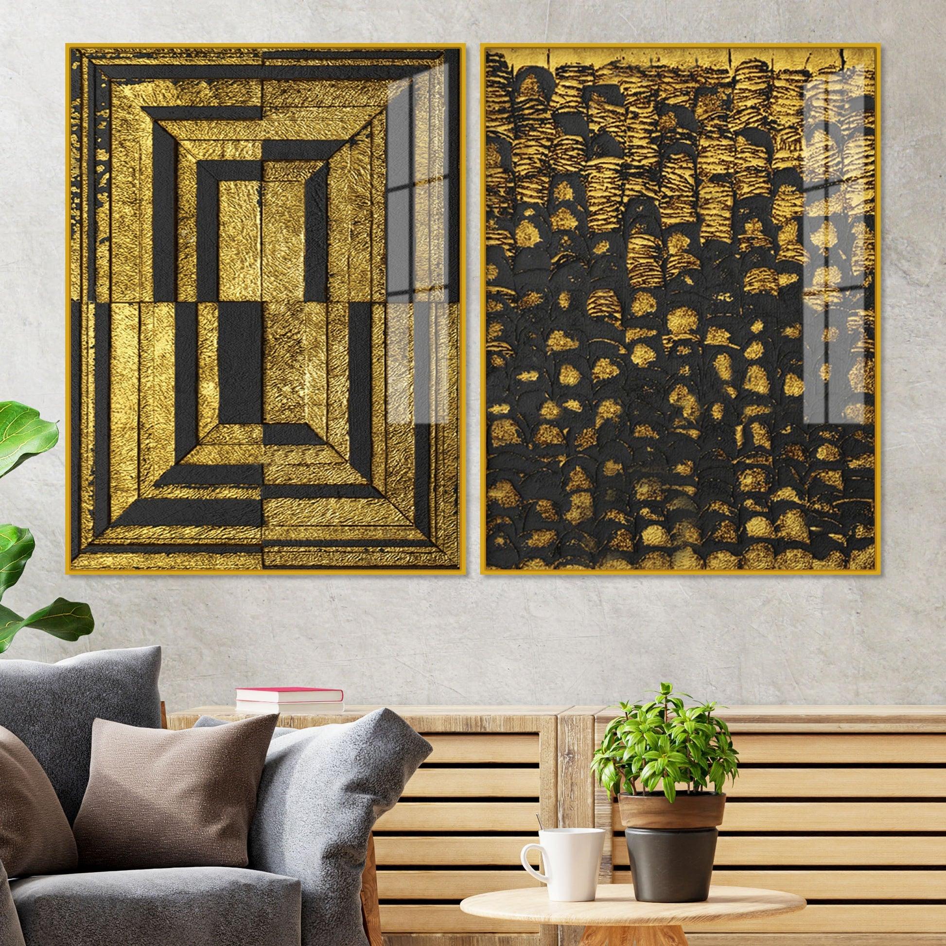 Golden Abstract Artistic Shapes Art Acrylic Floating Wall Painting Set Of 2 - Decor Mantra 