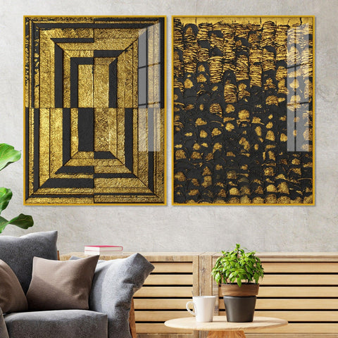 Golden Abstract Artistic Shapes Art Acrylic Floating Wall Painting Set Of 2 - Decor Mantra 