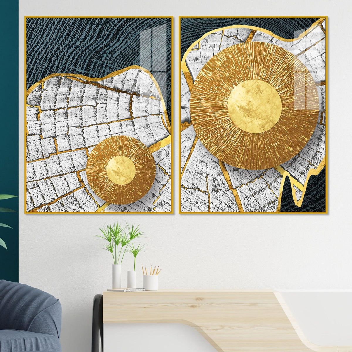 Circular Golden Pattern Acrylic Floating Wall Painting Set of 2 - Decor Mantra 