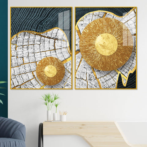 Circular Golden Pattern Acrylic Floating Wall Painting Set of 2 - Decor Mantra 