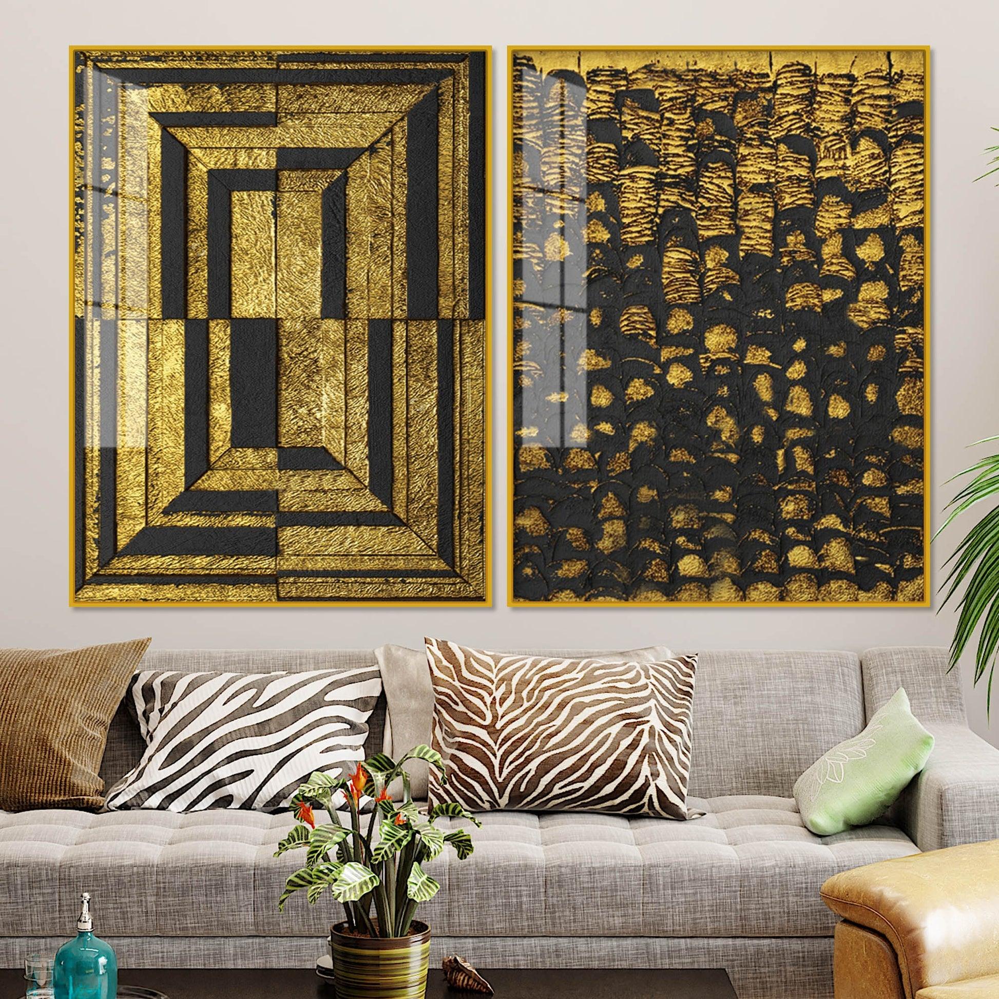 Golden Abstract Artistic Shapes Art Acrylic Floating Wall Painting Set Of 2 - Decor Mantra 