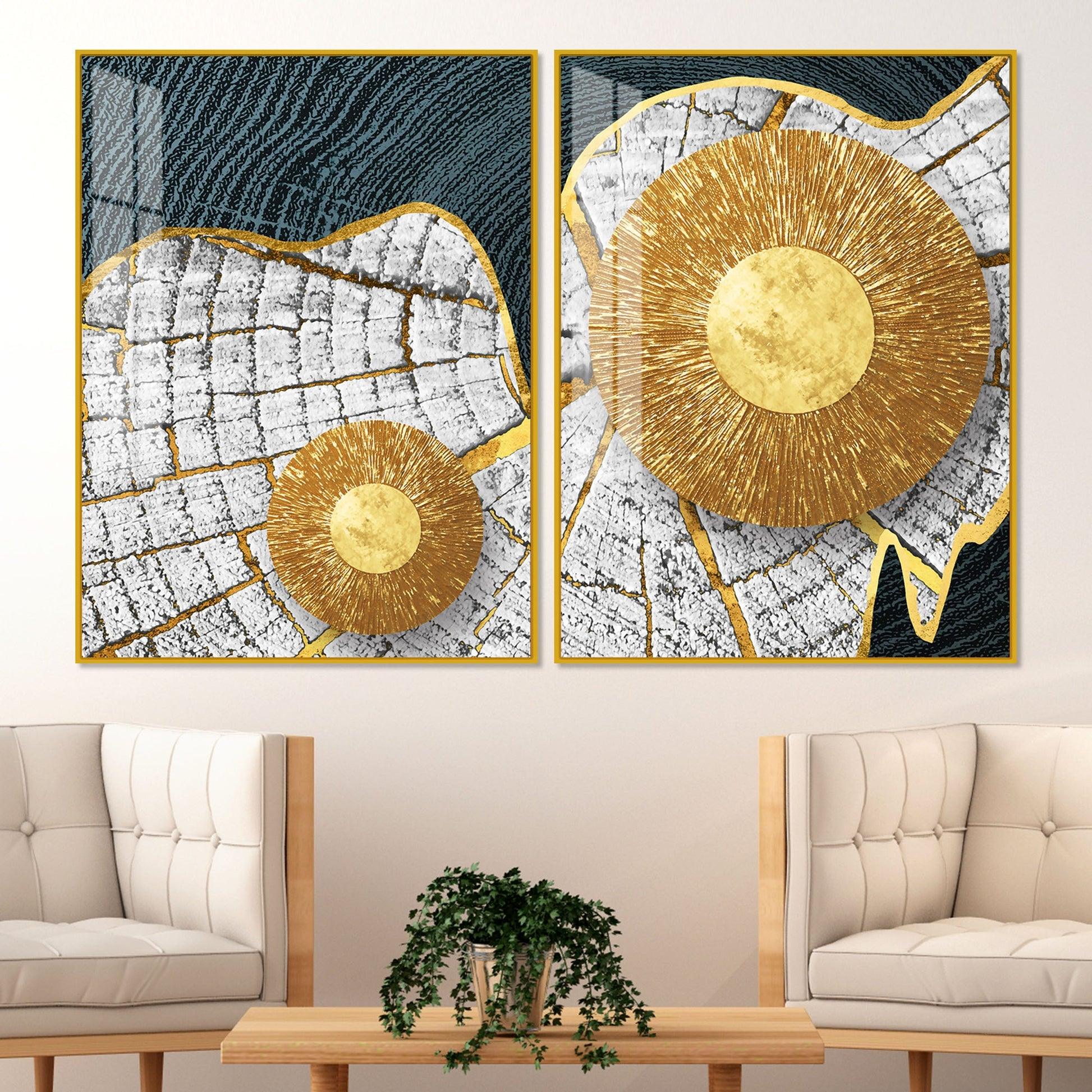 Circular Golden Pattern Acrylic Floating Wall Painting Set of 2 - Decor Mantra 