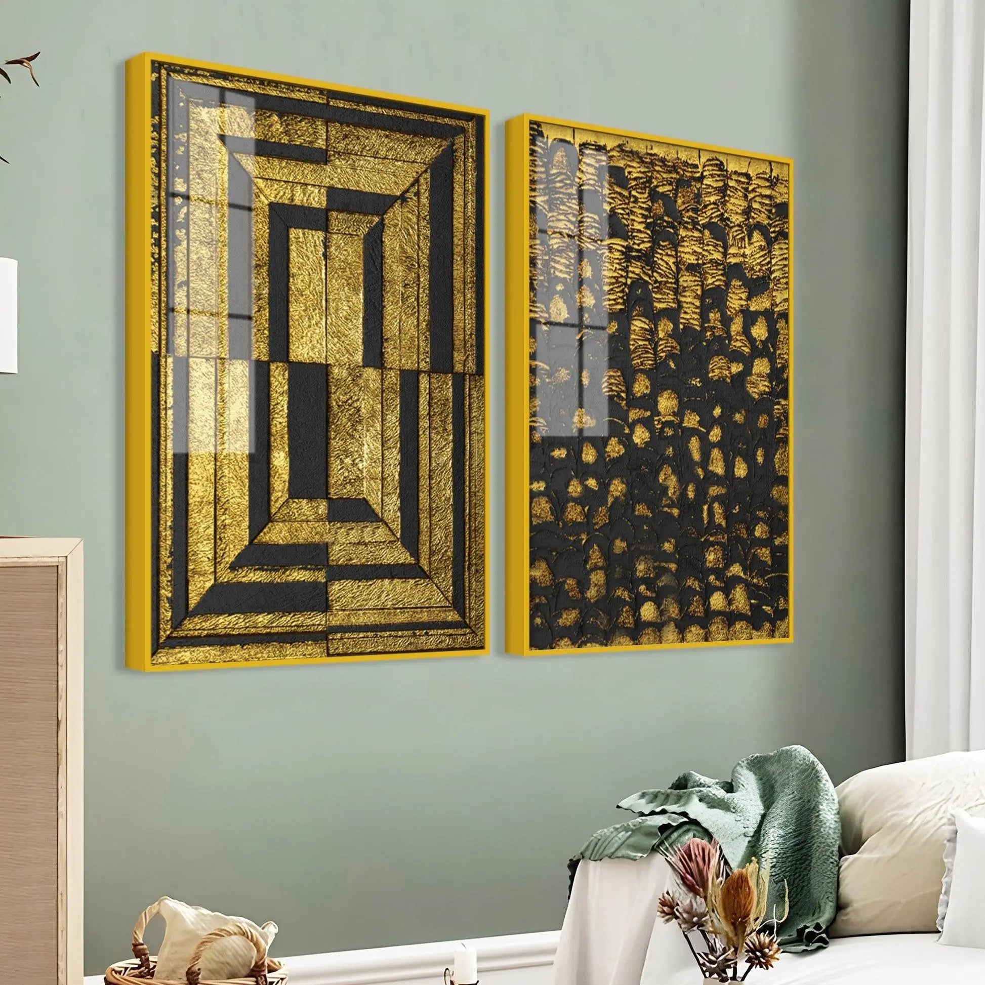 Golden Abstract Artistic Shapes Art Acrylic Floating Wall Painting Set Of 2 - Decor Mantra 