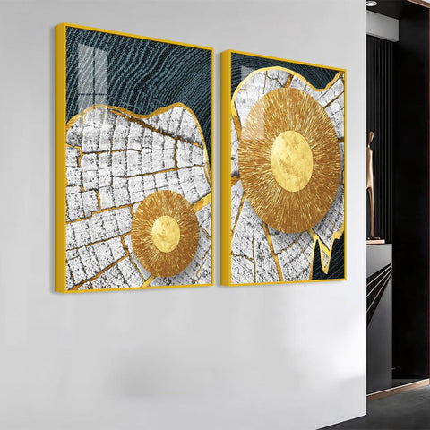 Circular Golden Pattern Acrylic Floating Wall Painting Set of 2 - Decor Mantra 