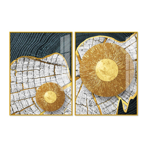 Circular Golden Pattern Acrylic Floating Wall Painting Set of 2 - Decor Mantra 