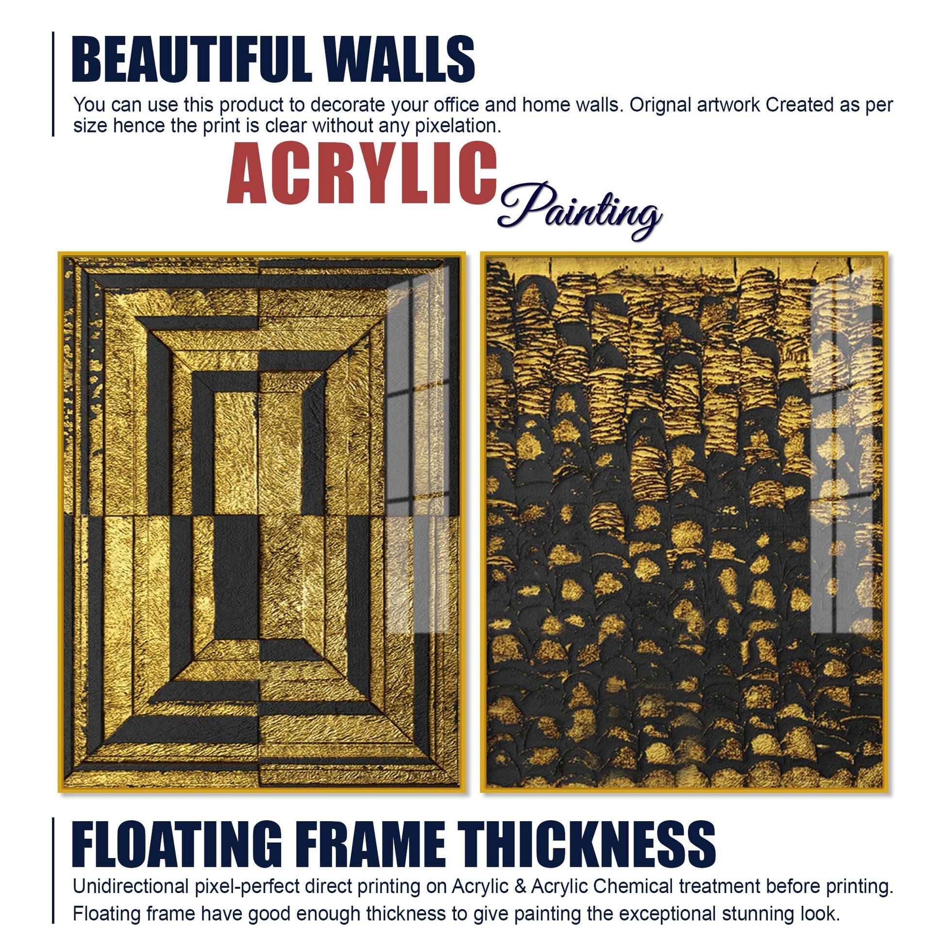 Golden Abstract Artistic Shapes Art Acrylic Floating Wall Painting Set Of 2 - Decor Mantra 