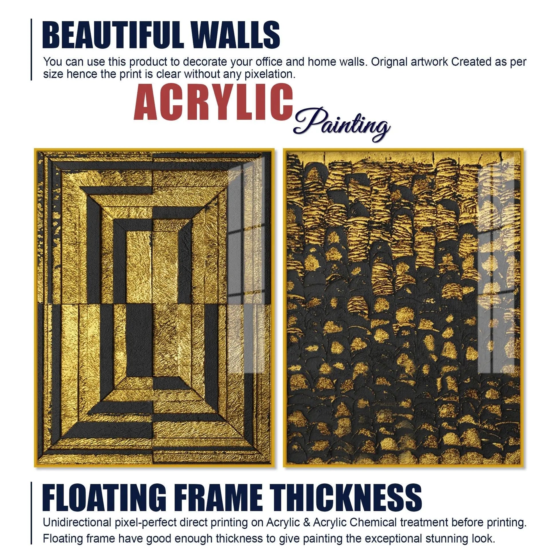 Golden Abstract Artistic Shapes Art Acrylic Floating Wall Painting Set Of 2 - Decor Mantra 