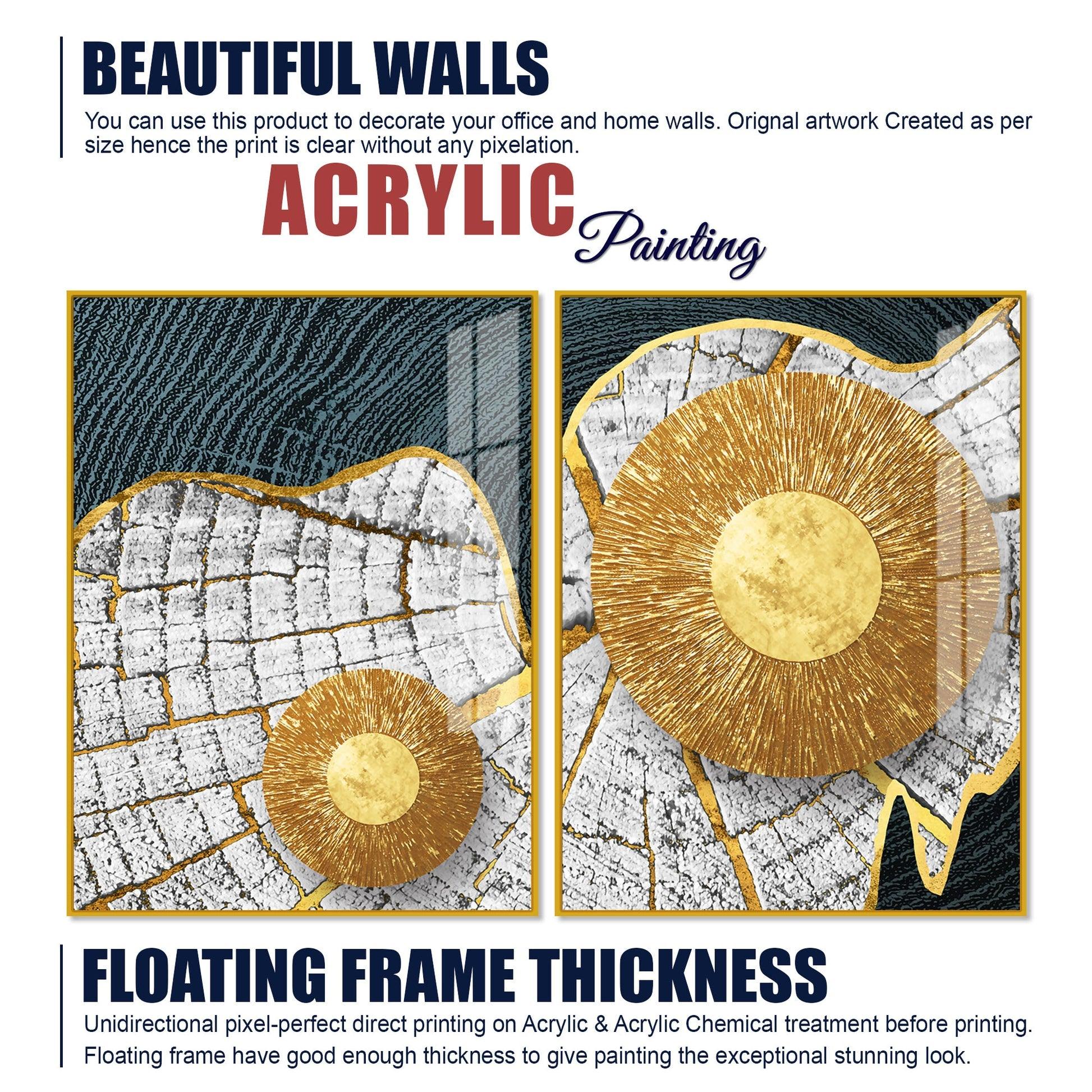 Circular Golden Pattern Acrylic Floating Wall Painting Set of 2 - Decor Mantra 