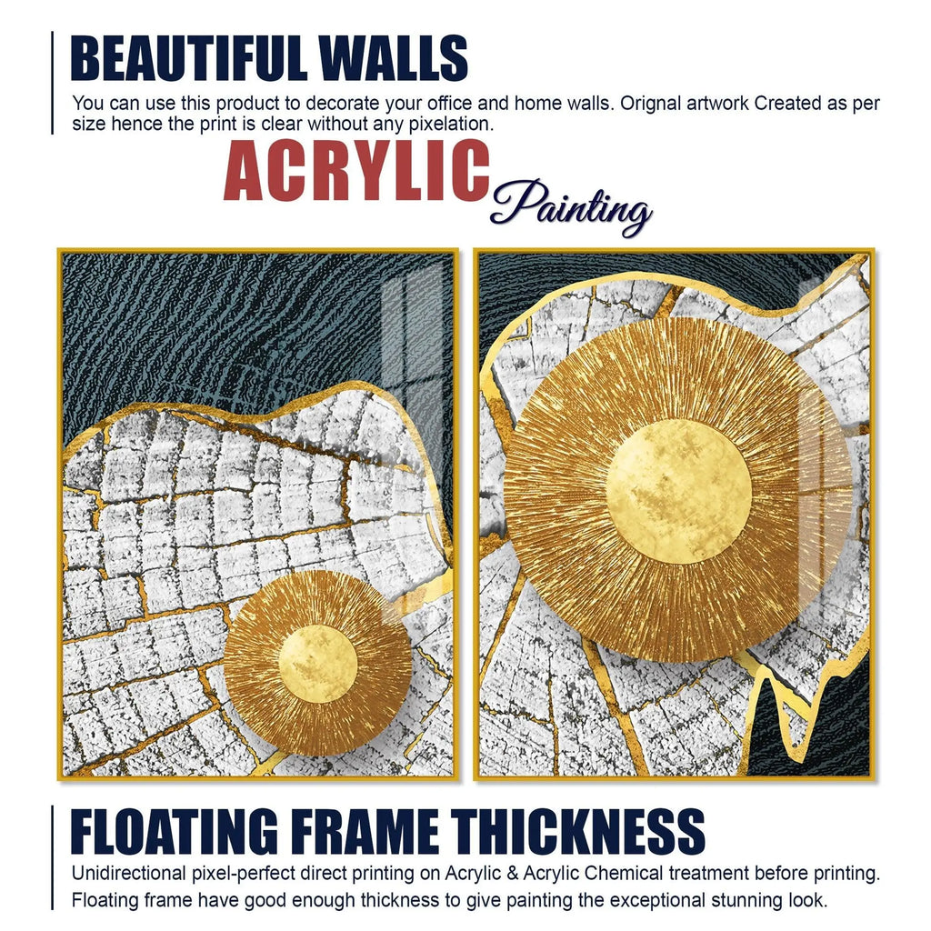 Circular Golden Pattern Acrylic Floating Wall Painting Set of 2 - Decor Mantra 