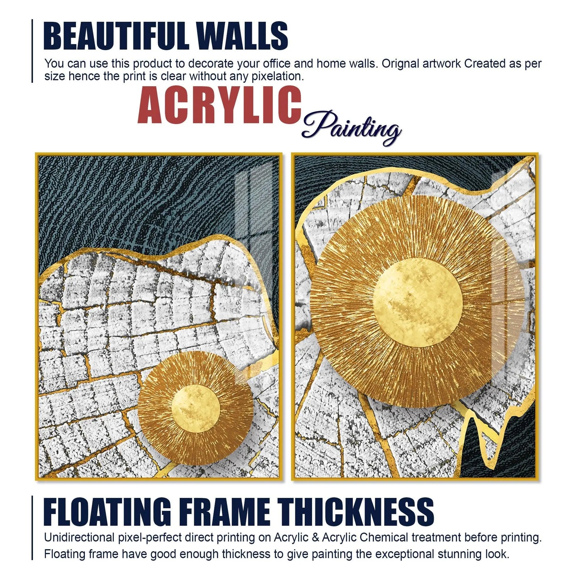 Circular Golden Pattern Acrylic Floating Wall Painting Set of 2 - Decor Mantra 