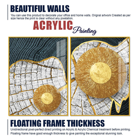 Circular Golden Pattern Acrylic Floating Wall Painting Set of 2 - Decor Mantra 